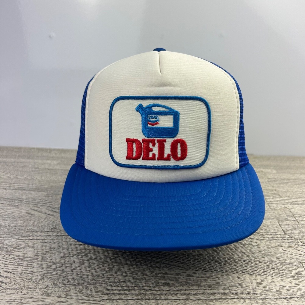 Vintage 80s Delo Trucker Hat Cap Snap Back Adjustable Blue Engine Oil Adult